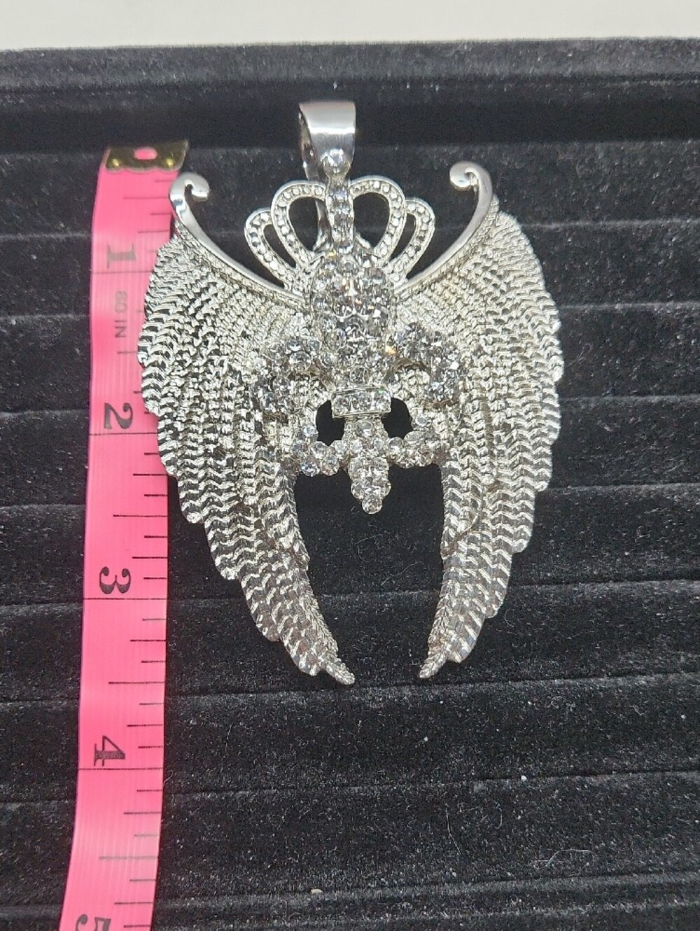 Silver-tone Angel Wing Pendant Necklace with Crown And Fleur De Lis - Picture 2 of 4